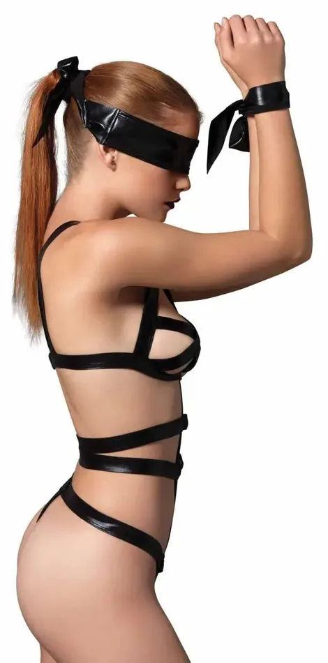 3 Piece Wet Look Bondage GString Teddy with Restraints Leg Avenue Couples