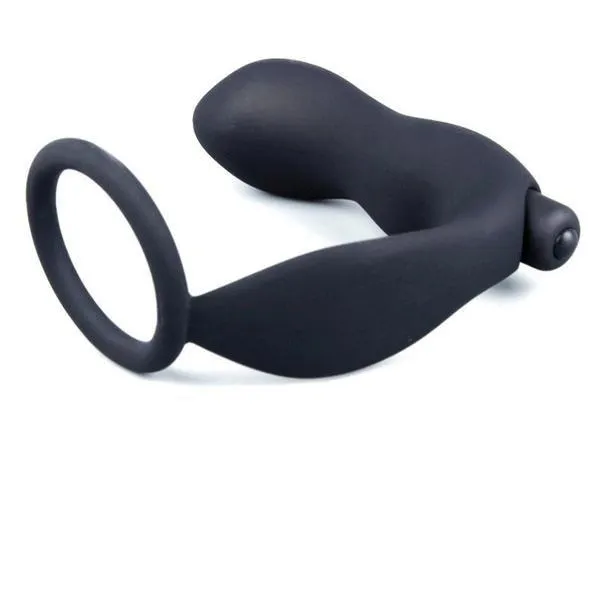 6838MSIS Sissys Vibrating Black Silicone 2 Point Prostate Pleaser with Cock Ring Moonwell Male Sex Toys