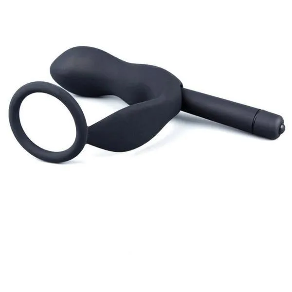 6838MSIS Sissys Vibrating Black Silicone 2 Point Prostate Pleaser with Cock Ring Moonwell Male Sex Toys