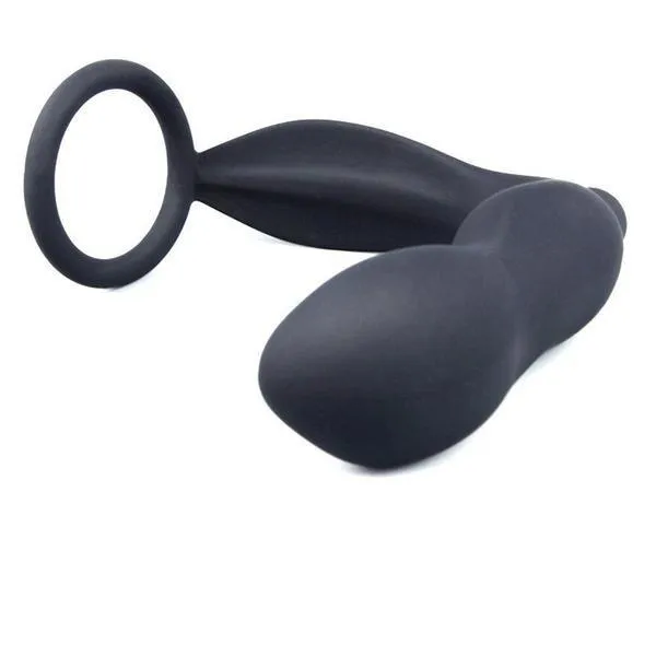6838MSIS Sissys Vibrating Black Silicone 2 Point Prostate Pleaser with Cock Ring Moonwell Male Sex Toys