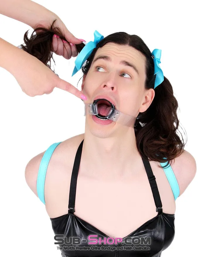 Anal Autumn 1495ASIS Pretty Forced Feminization Sissy Wench Clearly Wide Open Luxe Clear PVC Wide Strap Plastic Ring Gag