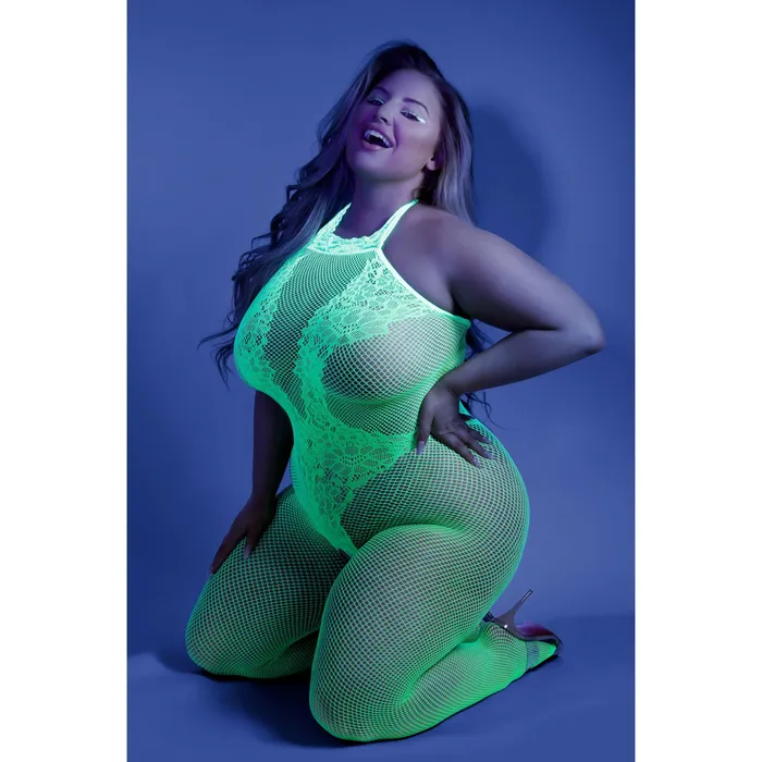 Fantasy Lingerie Bodystockings Playsuits Moonbeam Crotchless Bodystocking Queen Neon Green