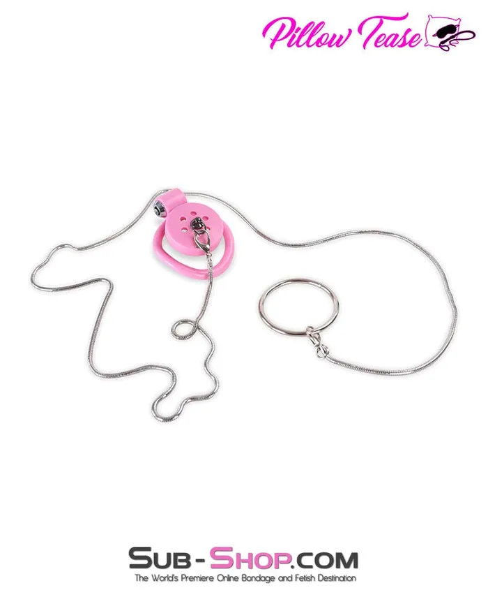 Male Sex Toys Idea 9020DL UltraSecure Flat Pink Locking Chastity Cage with Lead Chain 5 Base Rings