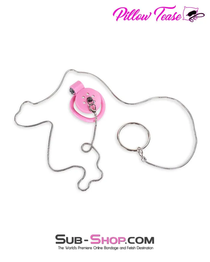 Male Sex Toys Idea 9020DL UltraSecure Flat Pink Locking Chastity Cage with Lead Chain 5 Base Rings